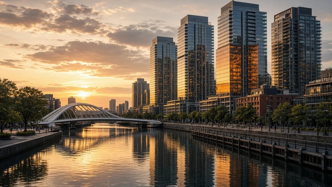 Dársena y arquitectura contemporánea de Puerto Madero al atardecer