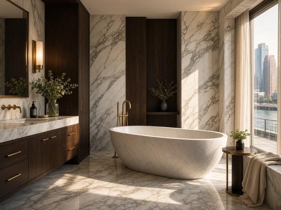 Baño en mármol y madera